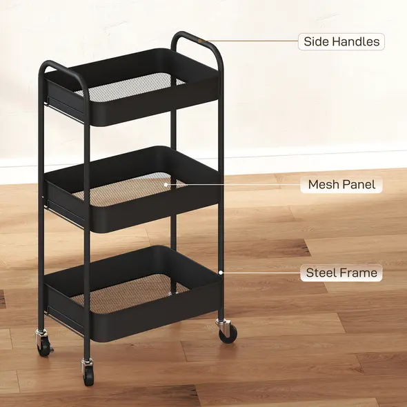 HOMCOM Three-Tier Steel Storage Trolley - Black - 6