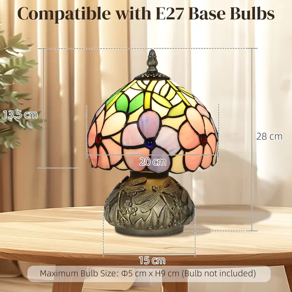 HOMCOM Tiffany-Style Table Lamp with Sculpted Dragonfly Base, Handcrafted Antique Stained Glass Bedside Lamp for Living Room and Bedroom, E27 Socket, Pink - 3