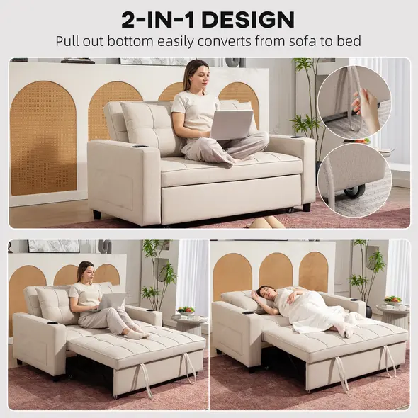 HOMCOM Two-Seater Pull-Out Sofa Bed - Beige - 4