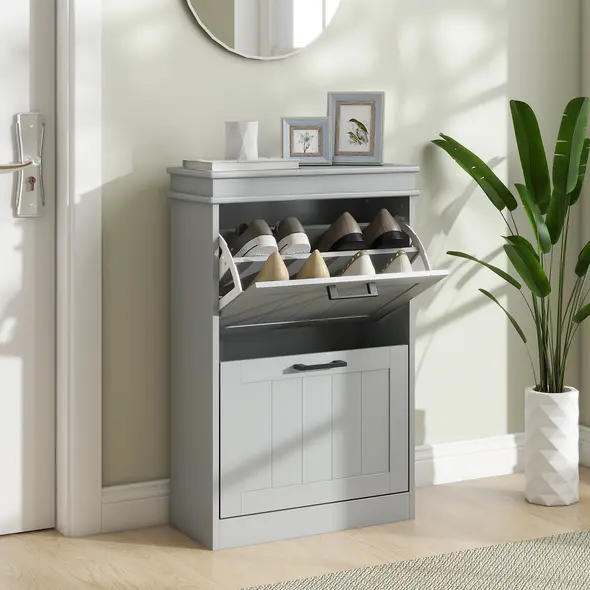 HOMCOM Two-Drawer Minimalistic 10-Shoe Cabinet - Grey - 2