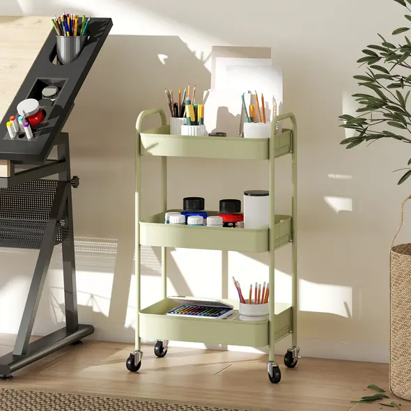 HOMCOM Three-Tier Steel Storage Trolley - Green - 7