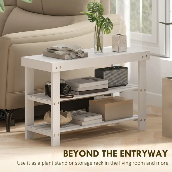 HOMCOM Two Shelf Bamboo Shoe Storage Bench - White - 6