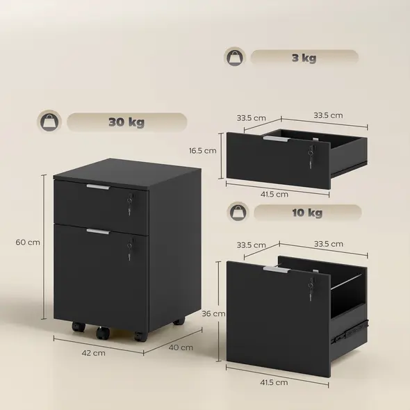 HOMCOM Two-Drawer Lockable Filing Cabinet - Black - 3