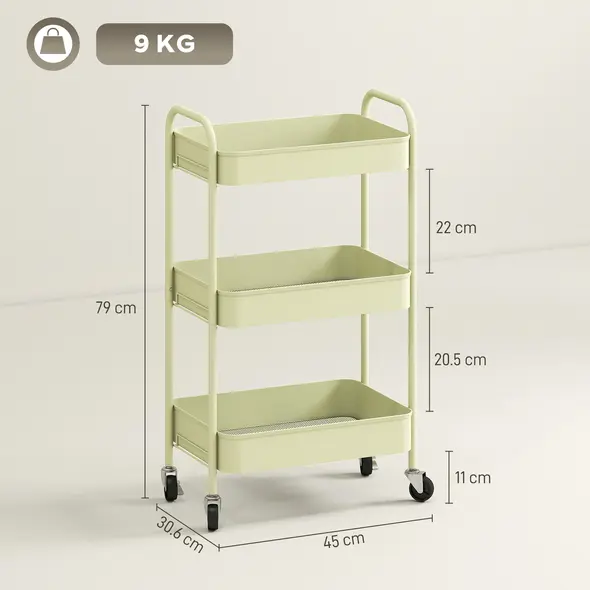 HOMCOM Three-Tier Steel Storage Trolley - Green - 3