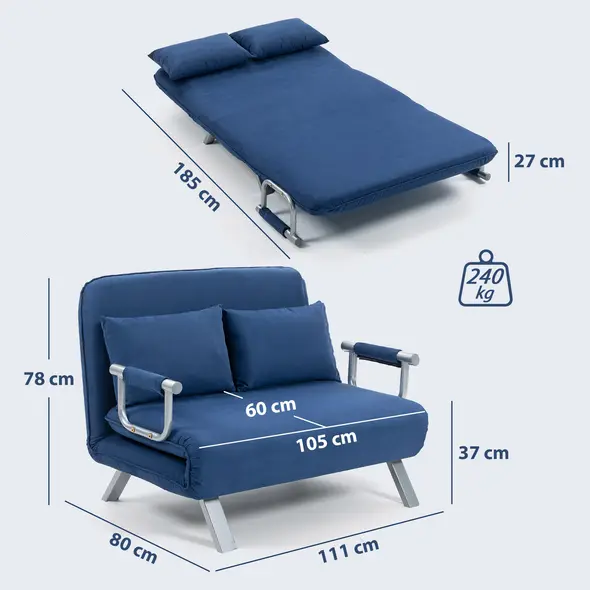 HOMCOM Two-Seater Click-Clack Sofa Bed - Dark Blue - 3