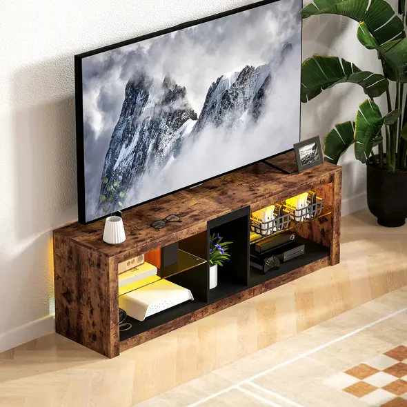 HOMCOM TV Stand Cabinet with LED Lights and Remote Control for TVs up to 65", Entertainment Centre with Storage Shelves and Compartment, Rustic Brown - 6