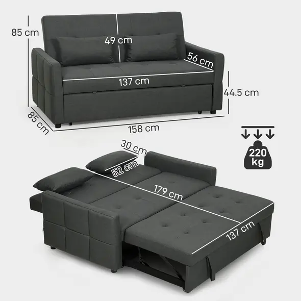 HOMCOM Three-Way Two-Seater Sofa Bed - Charcoal Grey - 3