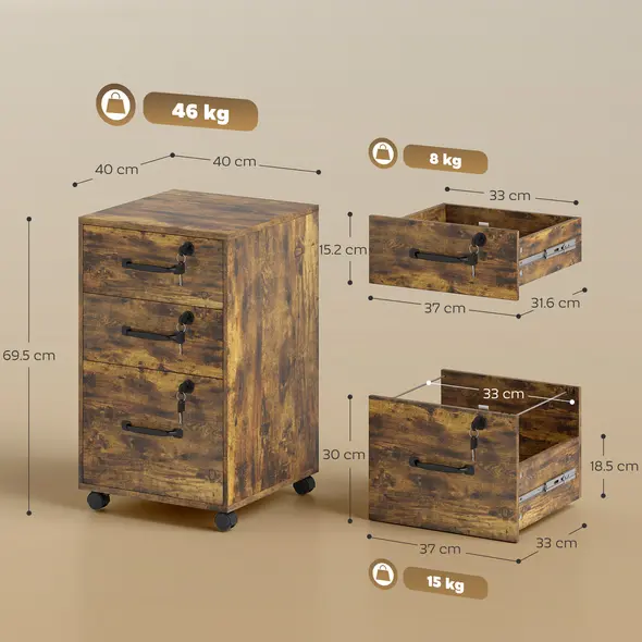 HOMCOM Three Drawer Wood-Effect Filing Cabinet - Rustic Brown - 3