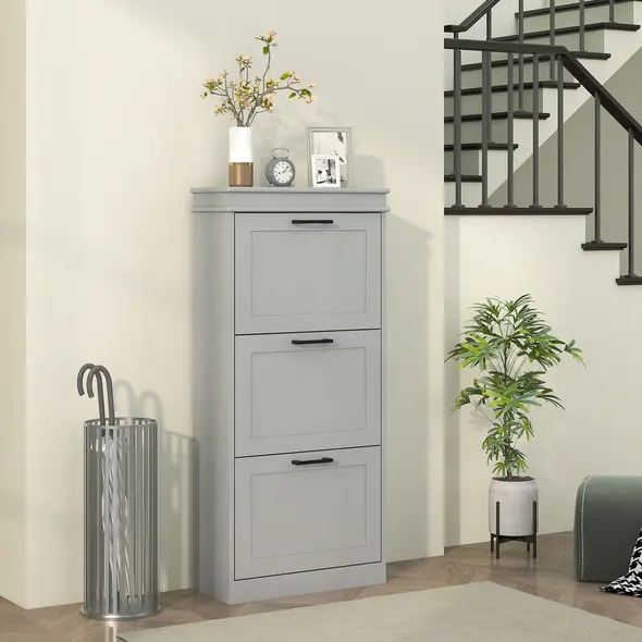 HOMCOM Three-Drawer Minimalistic Shoe Cabinet - Grey - 8