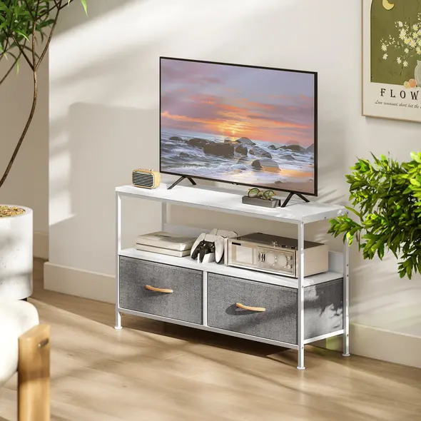 HOMCOM TV Stand Cabinet with 2 Foldable Drawers - White - 7