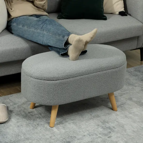 HOMCOM Teddy Fleece Storage Ottoman - Grey - 7
