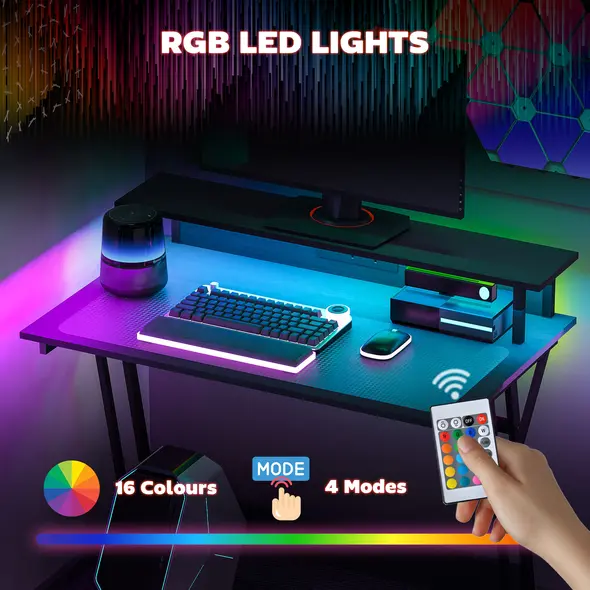 HOMCOM Two-Level LED Gaming Desk - Black - 4