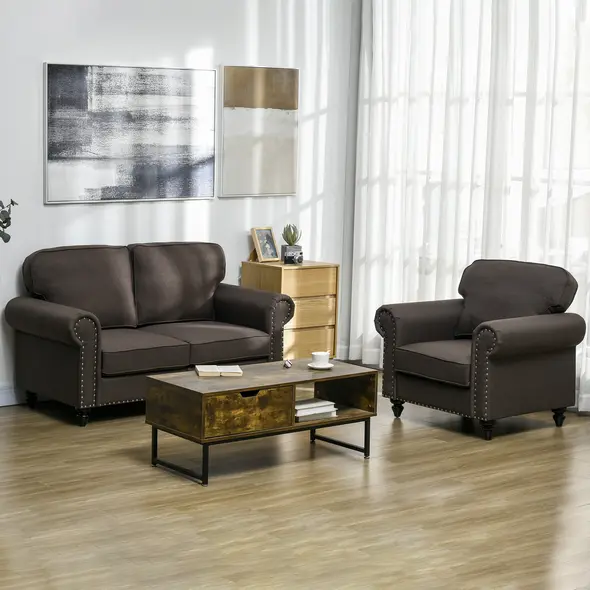 HOMCOM Two-Seater Mid-Century Sofa, with Pocket Springs - Dark Brown - 7