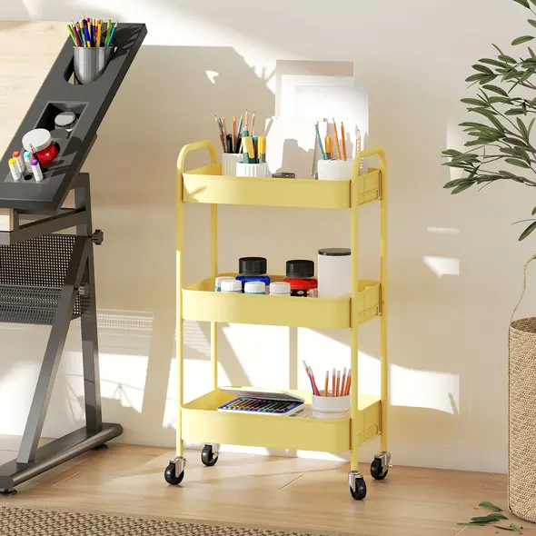 HOMCOM Three-Tier Steel Storage Trolley - Yellow - 7