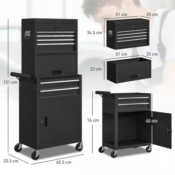 HOMCOM Three-Part Steel Locking Tool Chest - Black - 3