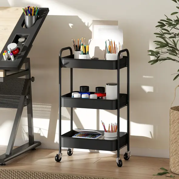 HOMCOM Three-Tier Steel Storage Trolley - Black - 7