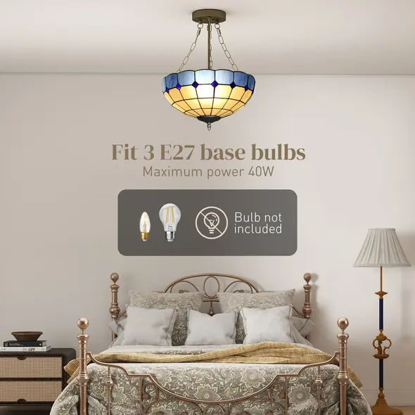 HOMCOM Tiffany Style Ceiling Light, Vintage Chandelier with 3 E27 Sockets, Semi Flush Mount for Living Room, Bulbs Not Included - 5