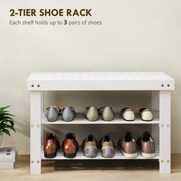 HOMCOM Two Shelf Bamboo Shoe Storage Bench - White - 4