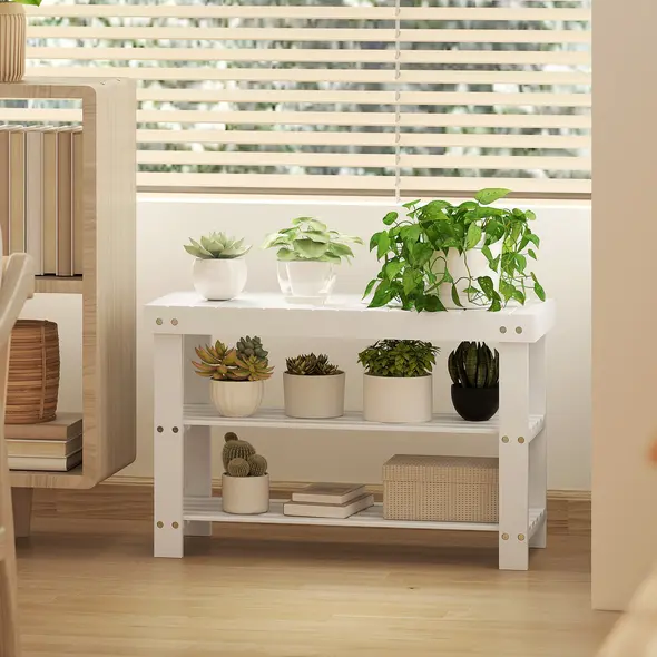 HOMCOM Two Shelf Bamboo Shoe Storage Bench - White - 8