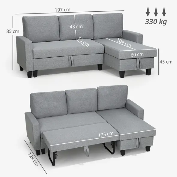 HOMCOM Three-Seater Storage Sofa Bed - Grey - 3