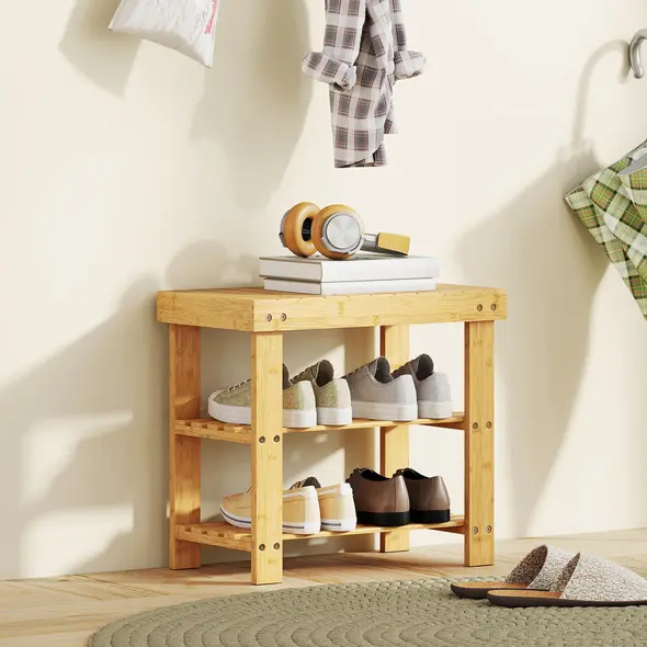 HOMCOM Two Shelf Bamboo Shoe Storage Bench - Natural Finish - 2