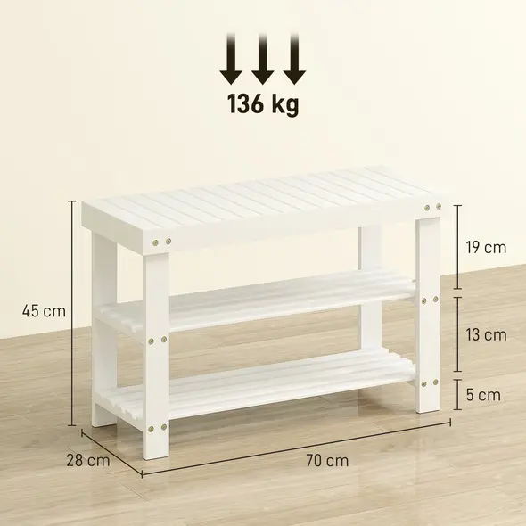 HOMCOM Two Shelf Bamboo Shoe Storage Bench - White - 3