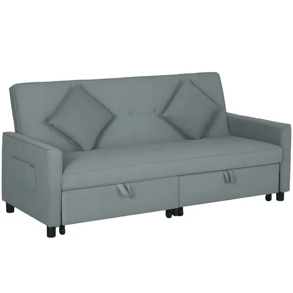 HOMCOM Three-Person Velvet-Feel Sofa Bed - Grey - 1