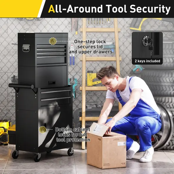 HOMCOM Three-Part Steel Locking Tool Chest - Black - 7