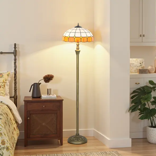 HOMCOM Tiffany-Style Floor Lamp with Handcrafted Stained Glass Shade, 152cm Tall Vintage Standing Lamp with Foot Switch and Dual Sockets for Living Room Bedroom, Bronze Tone and Orange - 8