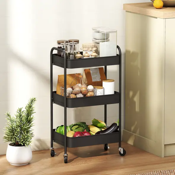 HOMCOM Three-Tier Steel Storage Trolley - Black - 2