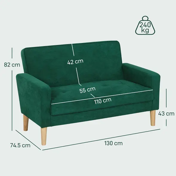 HOMCOM Two-Seater Velvet-Feel Sofa - Green - 3