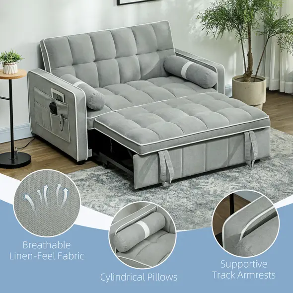 HOMCOM Two-Seater Linen-Look Sofa Bed - Light Grey - 6