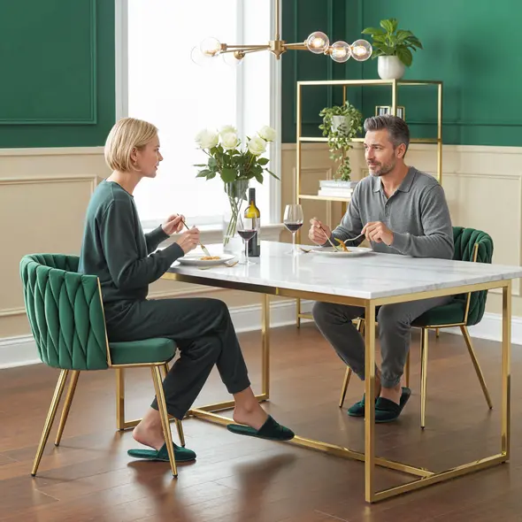 HOMCOM Velvet-Feel Dining Chairs Set of 2, Modern Upholstered Kitchen Chairs with Woven Backrest and Armrests, Metal Legs and Padded Seat for Dining Room, Bedroom, Living Room, Dark Green - 2