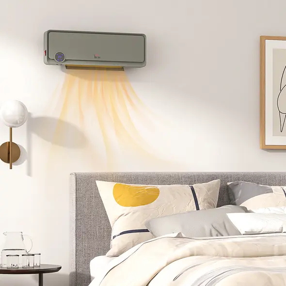 HOMCOM Wall Downflow Heater 2 Heat and Fan 1000W/2000W, Electric Space Heater with Timer Remote Oscillating, for Bedroom Home Office, Grey - 2