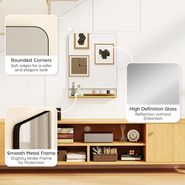 HOMCOM Wall Mirror with Wood Shelf - Black - 6