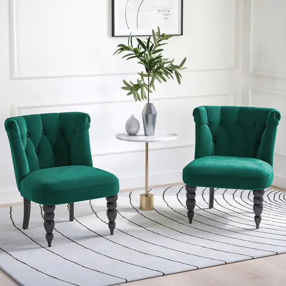 HOMCOM Velvet Accent Chair Set of 2, Button Tufted Wingback Chair with Rubber Wood Legs for Living Room, Bedroom, Dark Green - 2