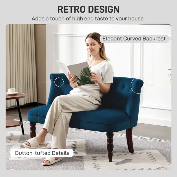 HOMCOM Velvet 2 Seater Sofa, Button Tufted Wingback Loveseat with Rubber Wood Legs for Living Room, Bedroom, Dark Blue - 4