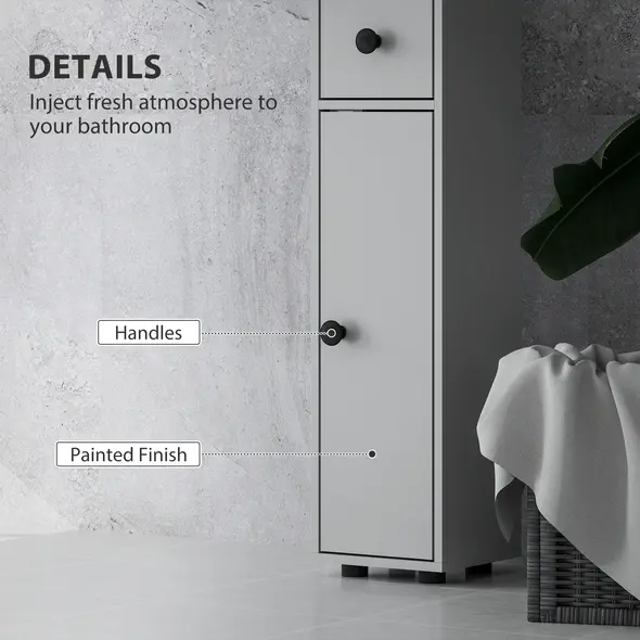 kleankin 180cm Slim Bathroom Cabinet, with Drawer, Shelves and Cupboards - Grey - 6