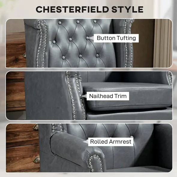 HOMCOM Wingback Accent Chair Tufted Chesterfield-style Armchair with Nail Head Trim for Living Room Bedroom Grey - 5