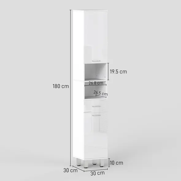 kleankin 71" Tall Slim Bathroom Storage Cabinet, Tall Narrow Cupboard with Drawer, Open Shelves, 2 Doors Cabinets and Adjustable Shelves for Kitchen, Hallway, Living Room, High Gloss White - 3