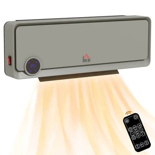HOMCOM Wall Downflow Heater 2 Heat and Fan 1000W/2000W, Electric Space Heater with Timer Remote Oscillating, for Bedroom Home Office, Grey - 1