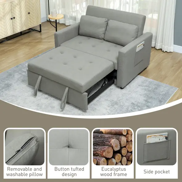 HOMCOM Velvet-Feel Two-Seater Sofa Bed - Light Grey - 7