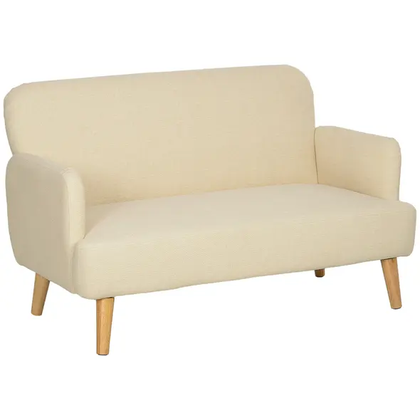 HOMCOM Velvet Feel Fabric 2 Seater Sofa, Small Sofa Loveseat with 21cm Thick Padding and Wood Legs, Cream White - 1