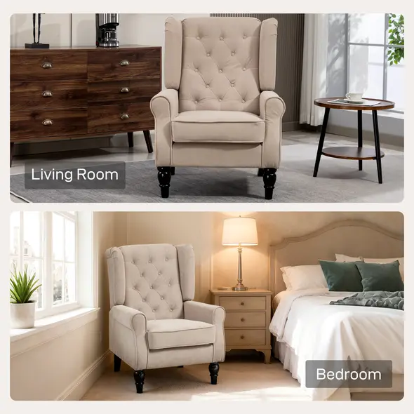 HOMCOM Wingback Accent Chair, Retro Upholstered Button Tufted Occasional Chair for Living Room and Bedroom, Beige - 8