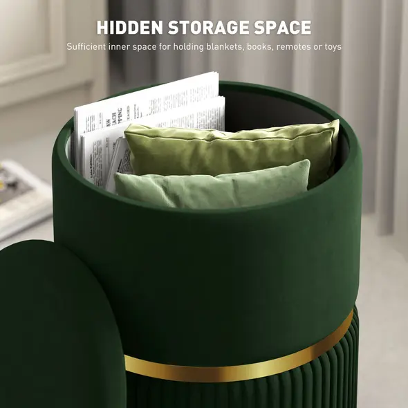 HOMCOM Velvet-Feel Storage Ottoman - Green - 4