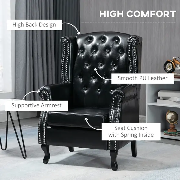 HOMCOM Wingback Accent Chair Tufted Chesterfield-style Armchair with Nail Head Trim for Living Room Bedroom Black - 4