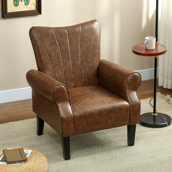 HOMCOM Upholstered Accent Chair with Rolled Arms and Wood Legs, Armchair for Living Room Bedroom, Brown - 7