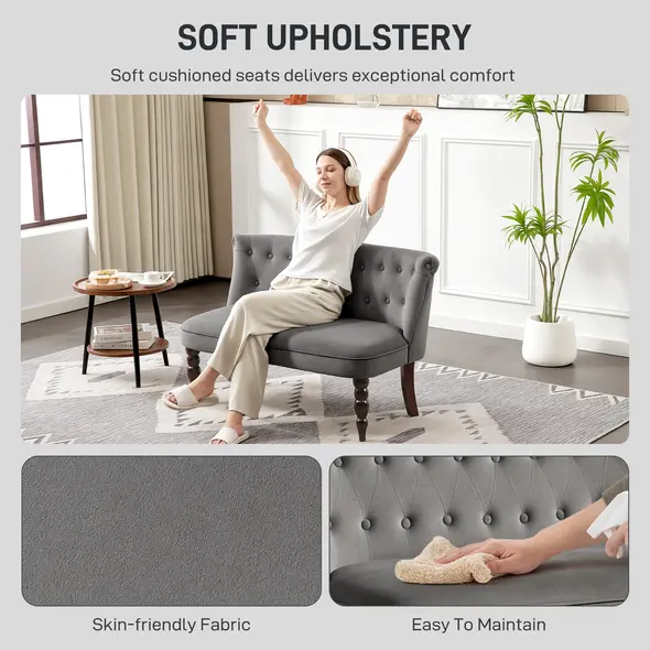 HOMCOM Velvet 2 Seater Sofa, Button Tufted Wingback Loveseat with Rubber Wood Legs for Living Room, Bedroom, Charcoal Grey - 5