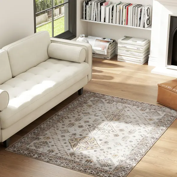 HOMCOM Vintage Area Rug, Non-Slip Washable Rug, Flannel Floor Carpet for Living Room, Bedroom, Dining Room, Home Office, 170 x 120 cm, Beige - 2