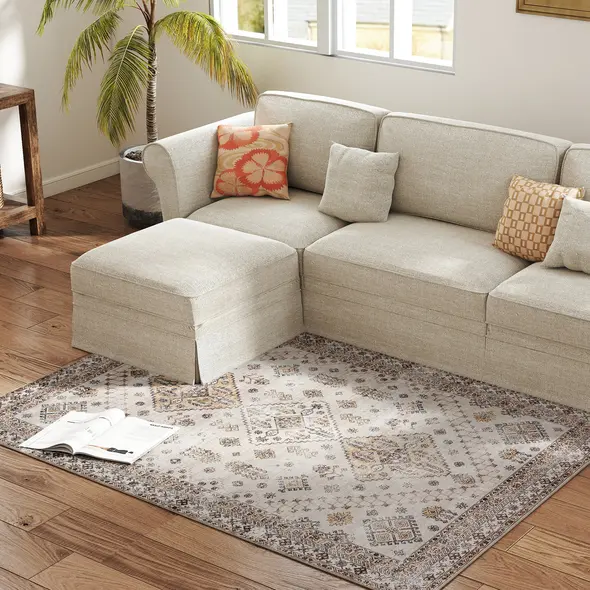 HOMCOM Vintage Area Rug, Non-Slip Washable Rug, Flannel Floor Carpet for Living Room, Bedroom, Dining Room, Home Office, 170 x 120 cm, Beige - 8